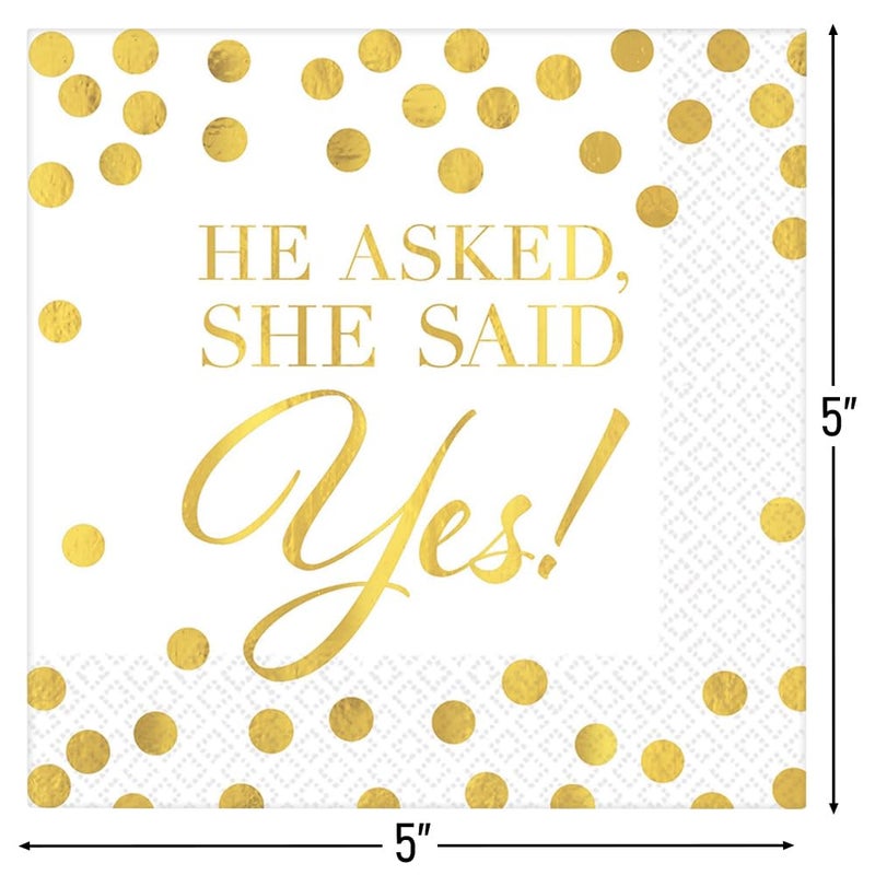 Amscan Elegant Gold & White "He Asked, She Said Yes!" Hot Stamped Beverage Napkins - 5" x 5" (Pack Of 16) | Sturdy Paper Materials | Perfect For Weddings & Engagements Celebrations - Image 2